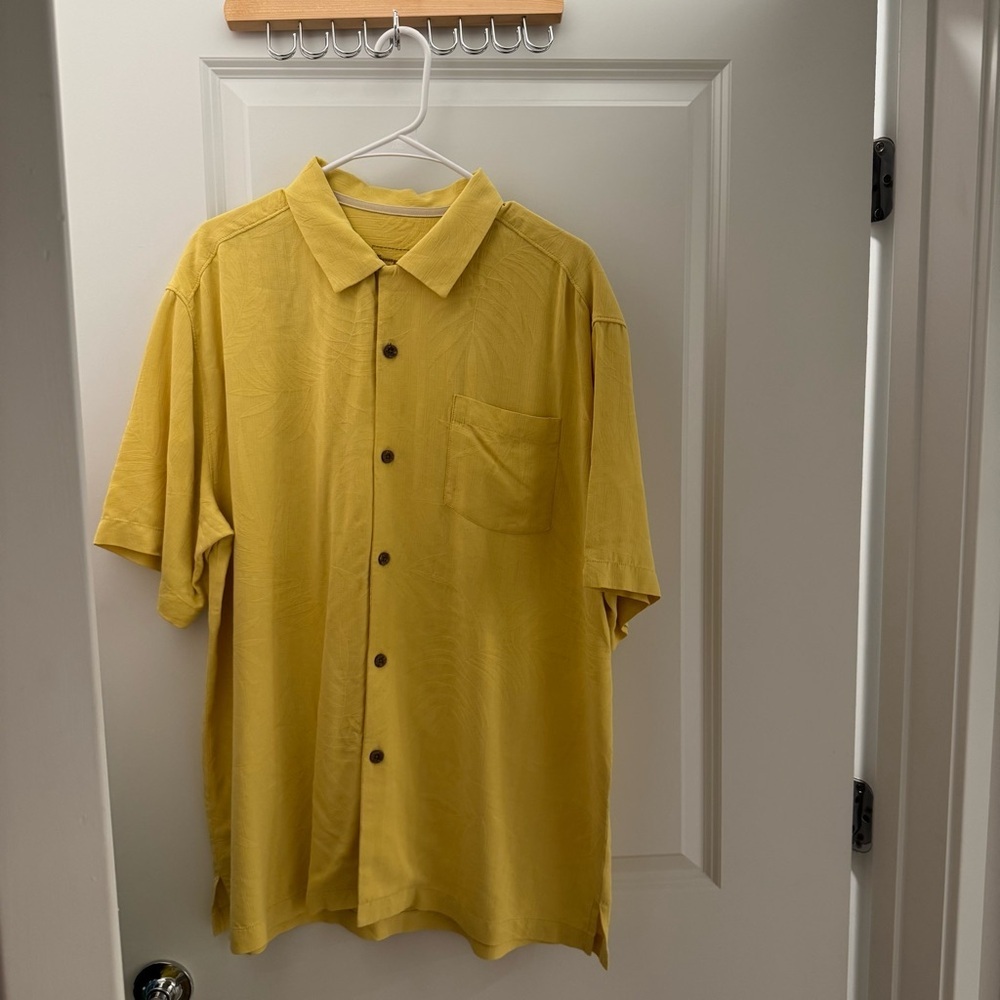 Tommy Bahama 100% Silk Shirt Men's LG Yellow Palm Print Resort - Picture 9 of 11
